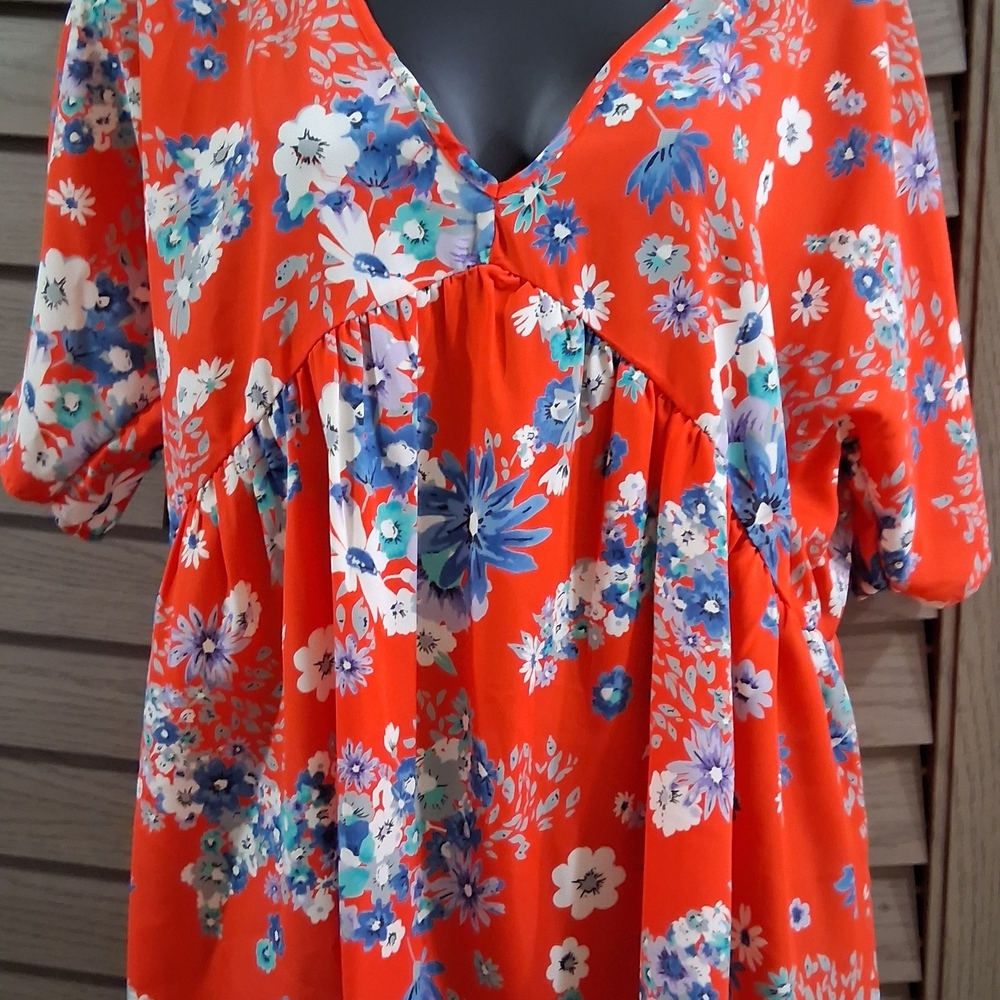 MTS Floral V-Neck Blouse - Orange and Blue